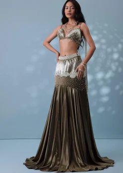 Dusty Brown Embroidered Trail Lehenga Set In Milano Satin With Tassel Blouse