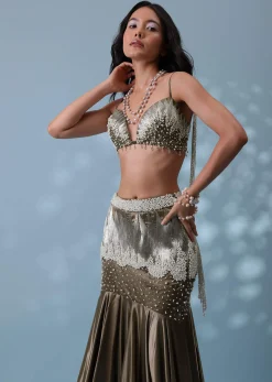 Dusty Brown Embroidered Trail Lehenga Set In Milano Satin With Tassel Blouse