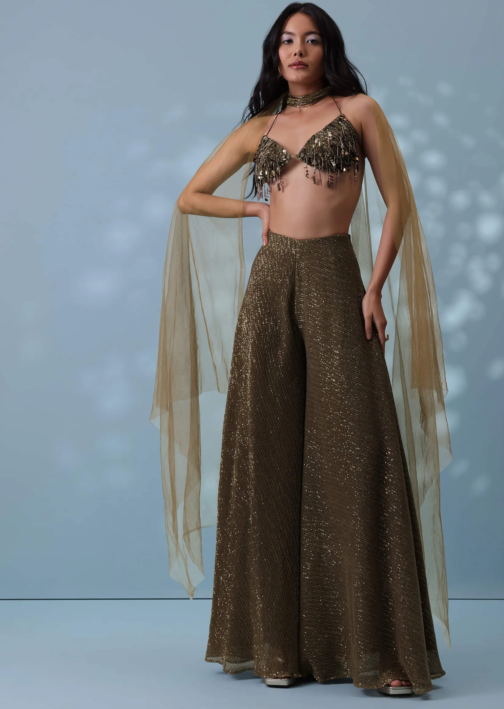 Dusty Brown Fancy Indowestern Palazzo And Bustier In Lycra Sequins With Choker
