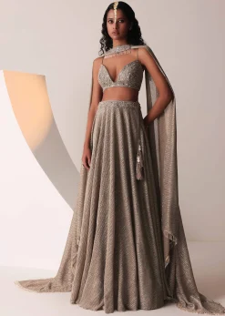 Dusty Copper Gold Embroidered Lehenga Set In Knit Strechable & Sequins Fabric