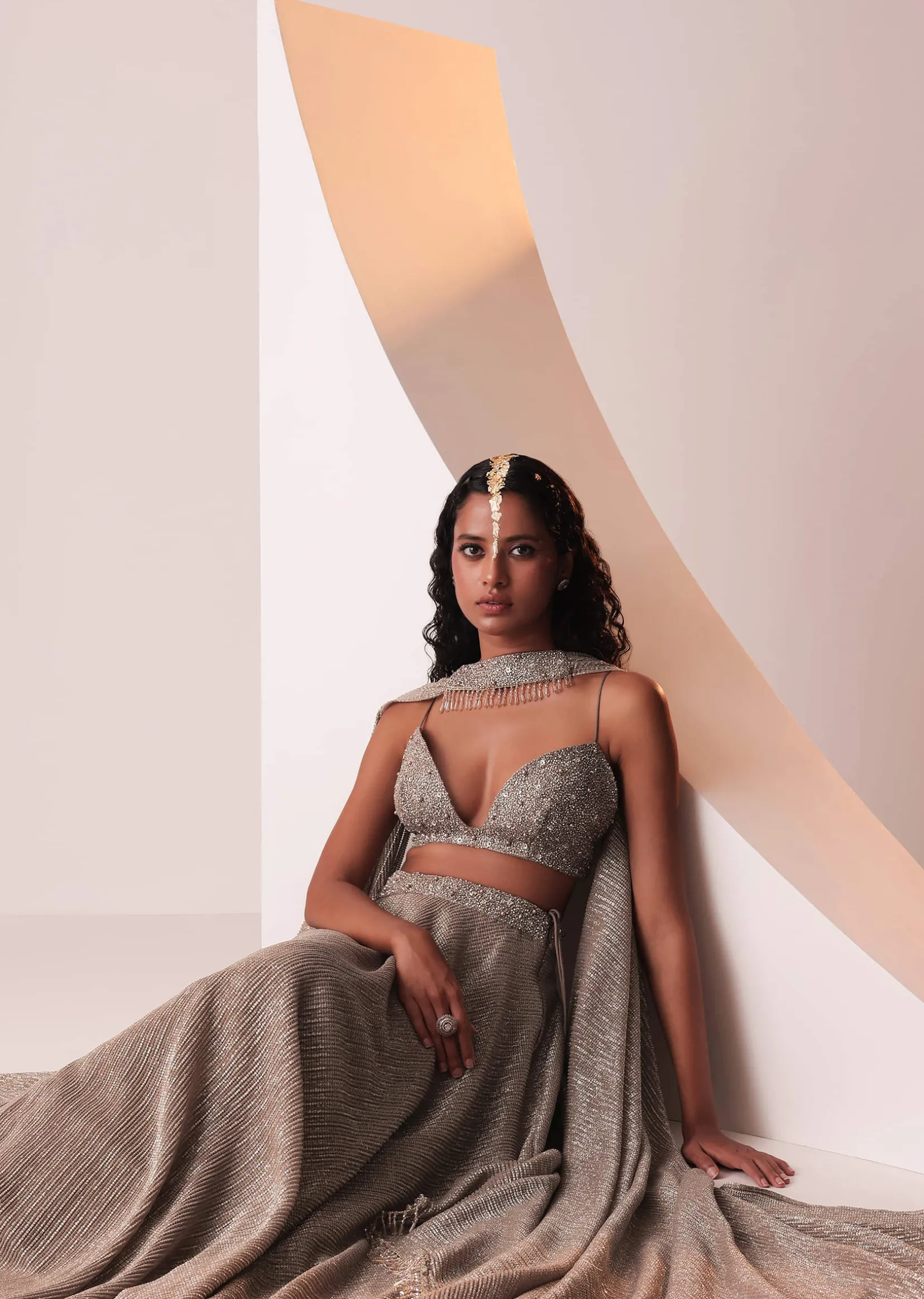 Dusty Copper Gold Embroidered Lehenga Set In Knit Strechable & Sequins Fabric