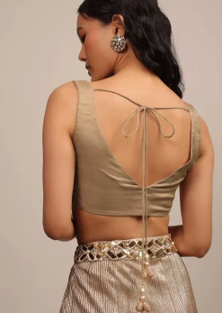 Dusty Gold Sleeveless Blouse In Jute Organza Fabric With A Sweetheart Neckline