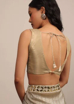 Dusty Gold Sleeveless Blouse In Jute Organza Fabric With A V-Neckline