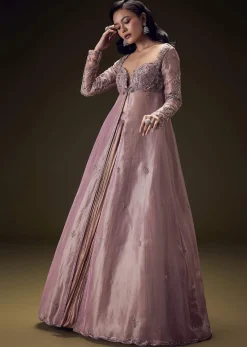 Dusty Lilac Embroidered Long Jacket With Ruched Lehenga