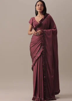 Dusty Maroon Satin Saree With Frilled Sleeved Blouses