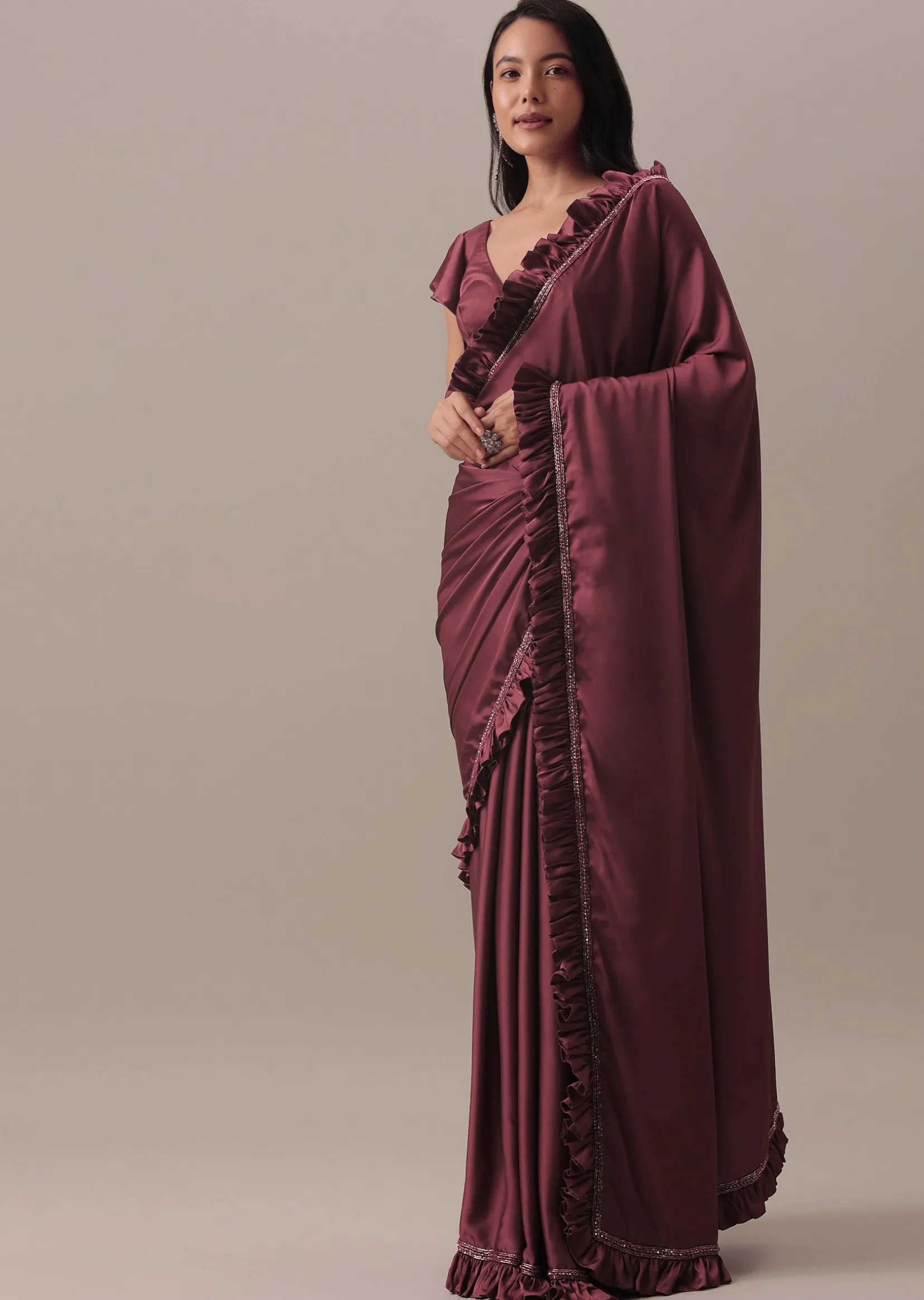 Dusty Maroon Satin Saree With Frilled Sleeved Blouses