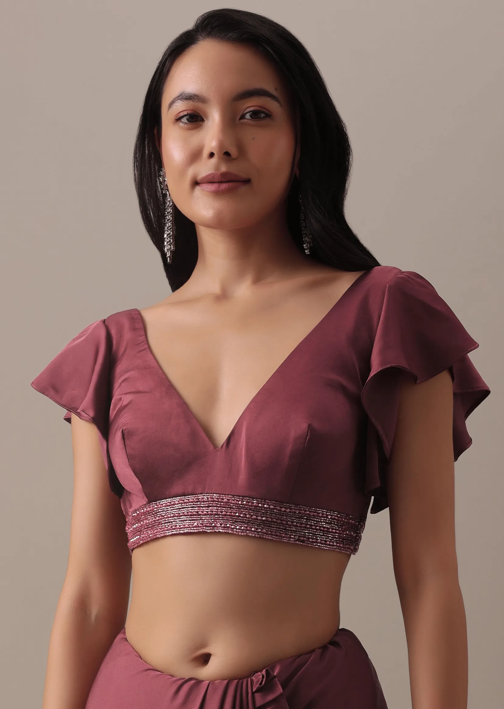 Dusty Maroon Satin Saree With Frilled Sleeved Blouses