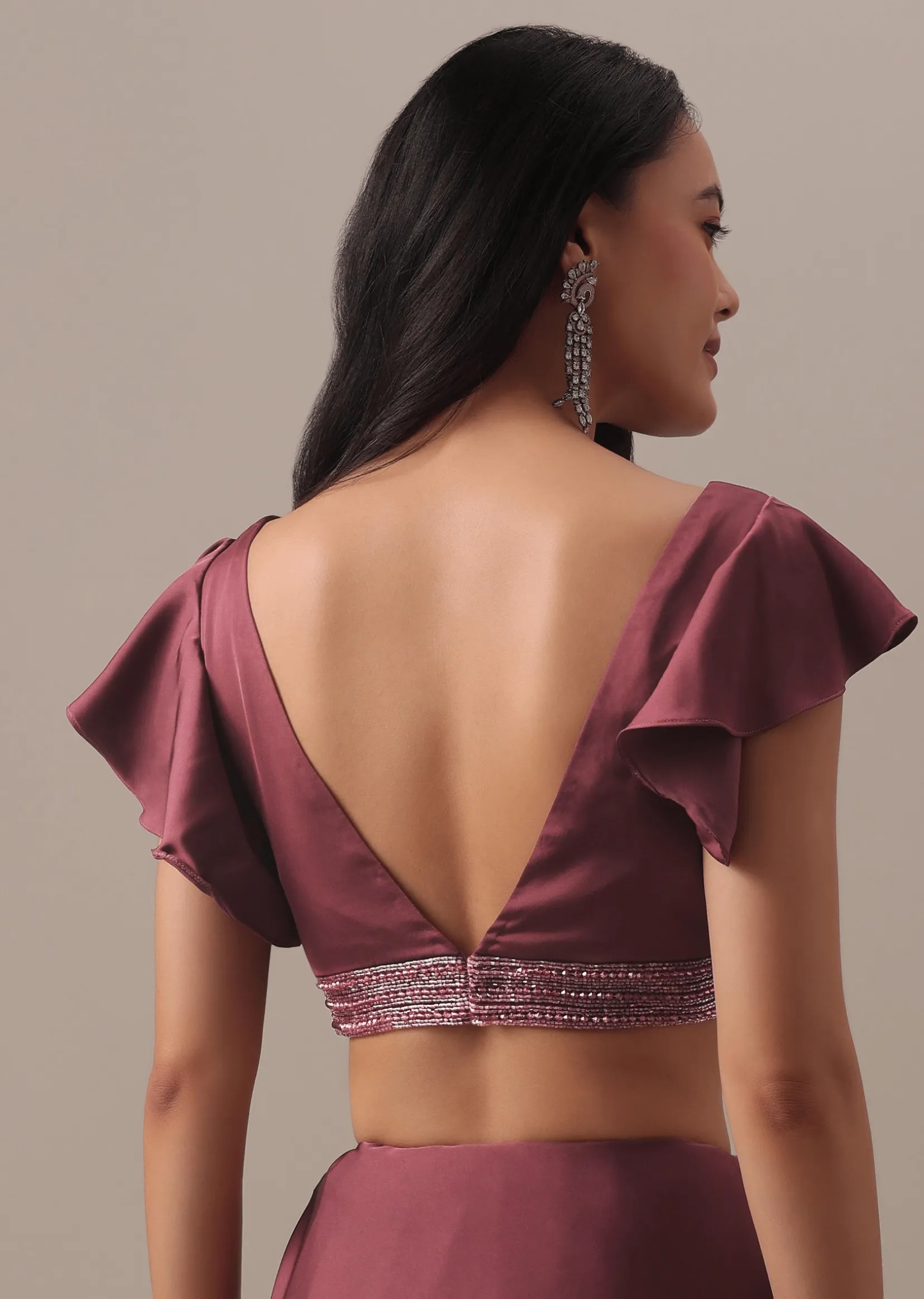 Dusty Maroon Satin Saree With Frilled Sleeved Blouses