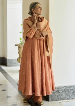 Dusty Peach Embroidered Anarkali Paired With Pant And Dupatta