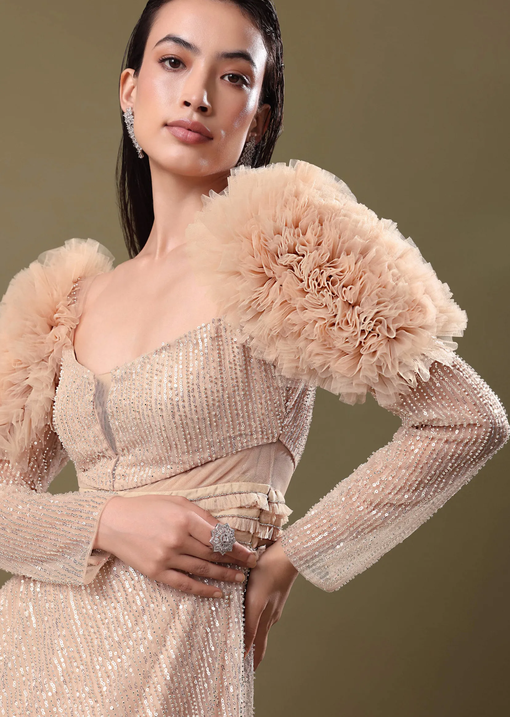 Dusty Peach Embroidered Ruffle Sleeve Gown
