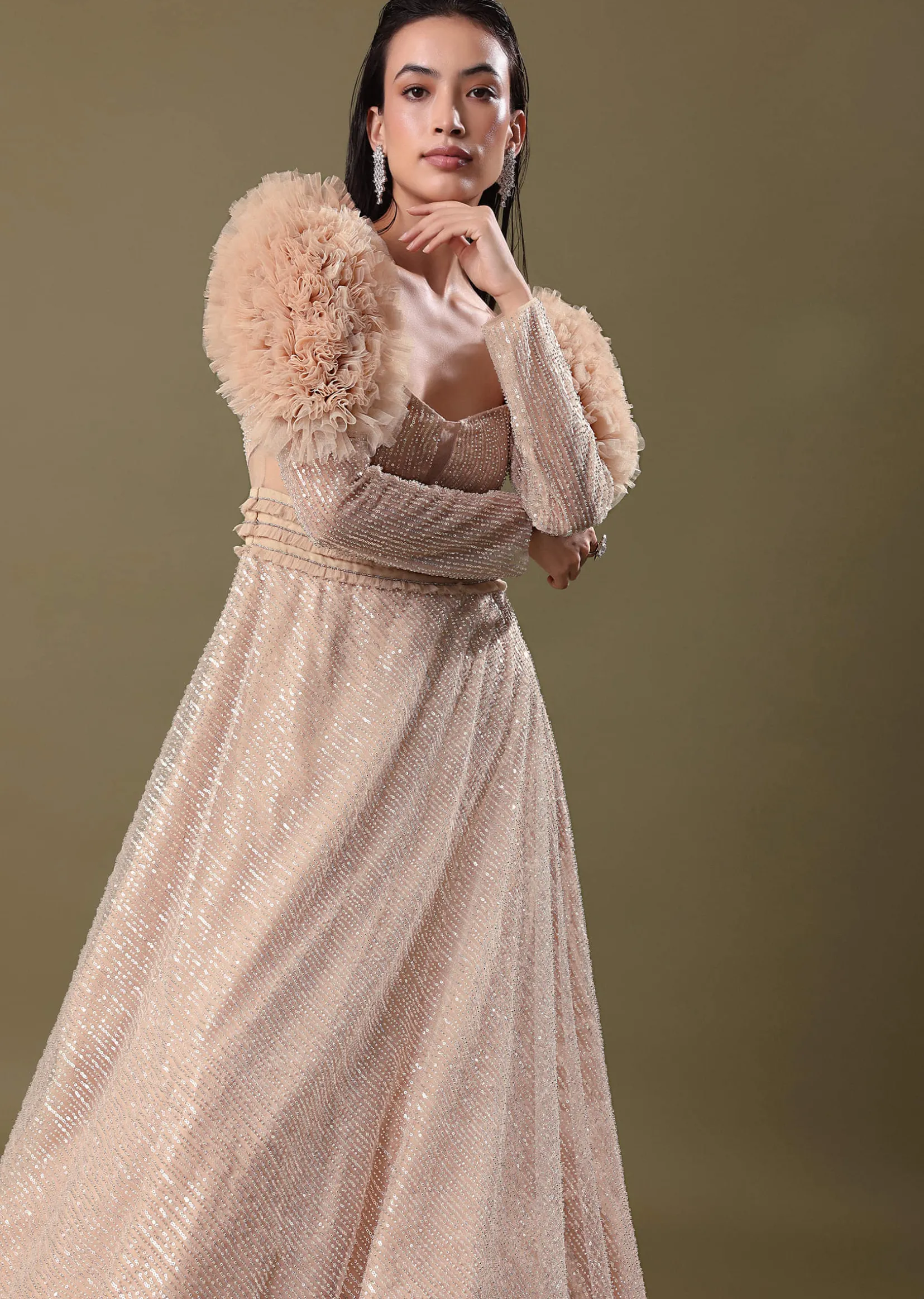 Dusty Peach Embroidered Ruffle Sleeve Gown