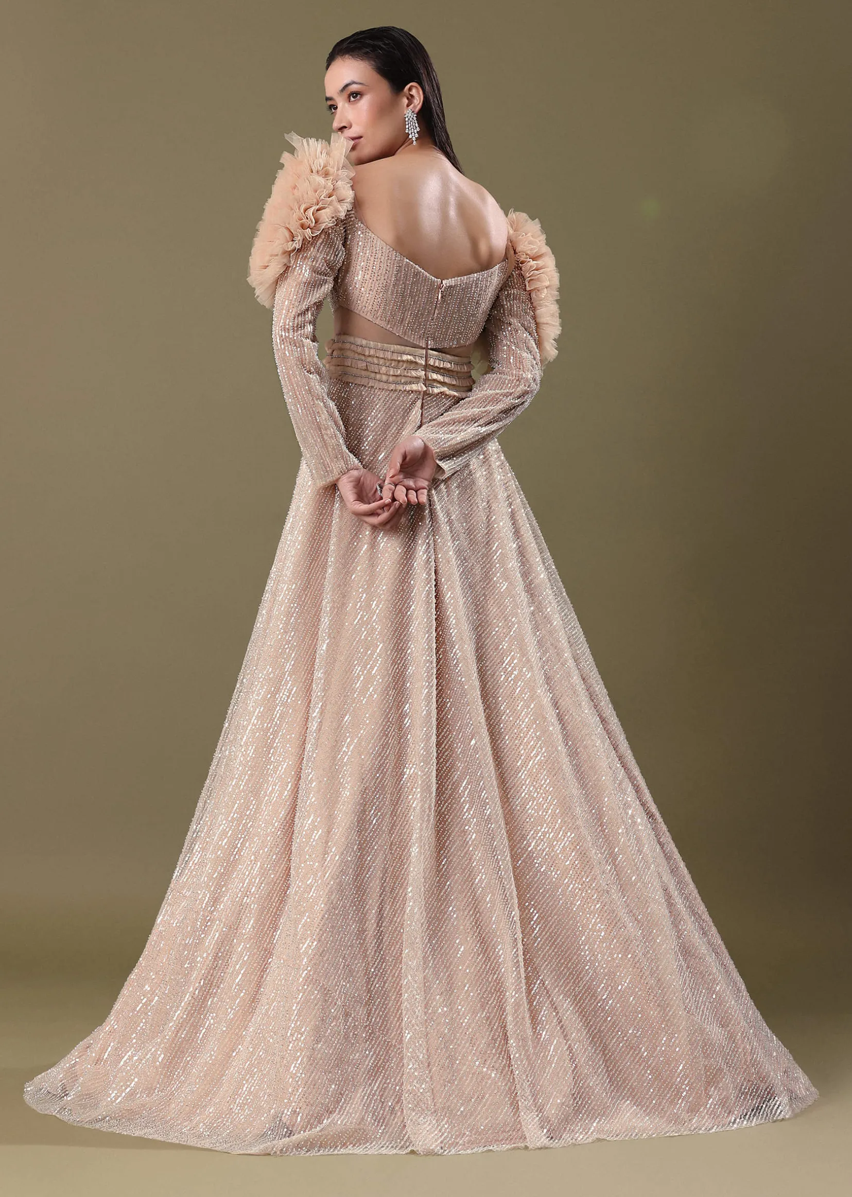 Dusty Peach Embroidered Ruffle Sleeve Gown