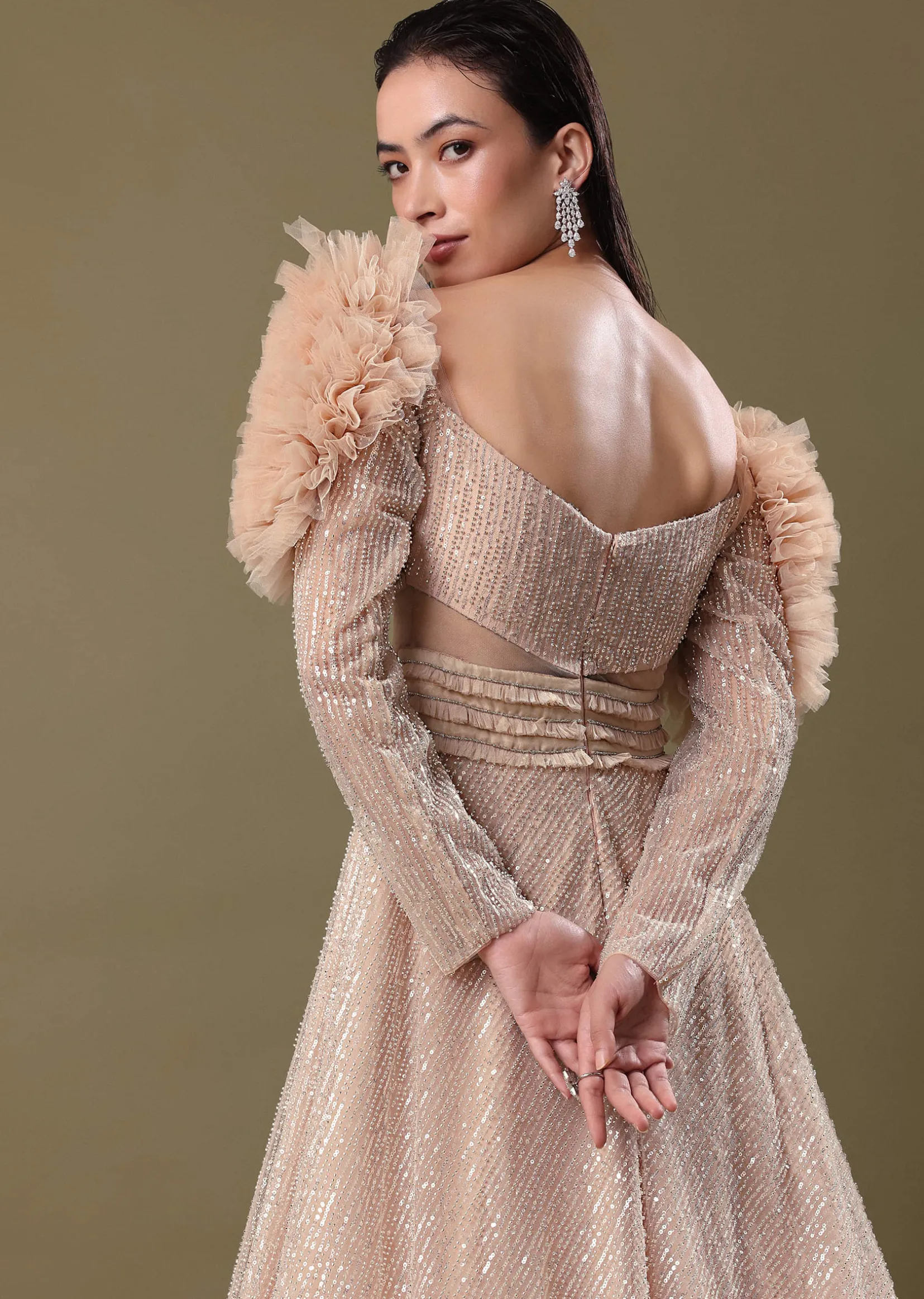 Dusty Peach Embroidered Ruffle Sleeve Gown