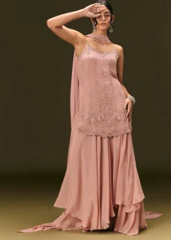 Dusty Pink Chinon Embroidered Kurti With Flared Pant And Choker Dupatta