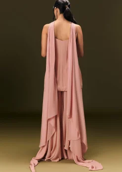 Dusty Pink Chinon Embroidered Kurti With Flared Pant And Choker Dupatta