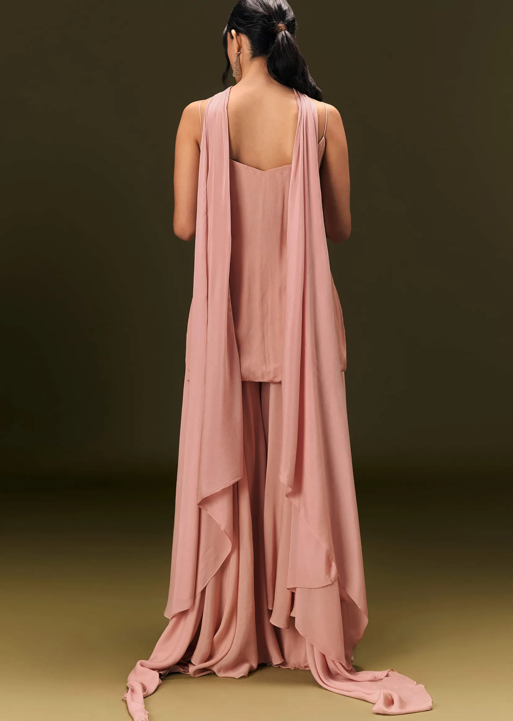 Dusty Pink Chinon Embroidered Kurti With Flared Pant And Choker Dupatta