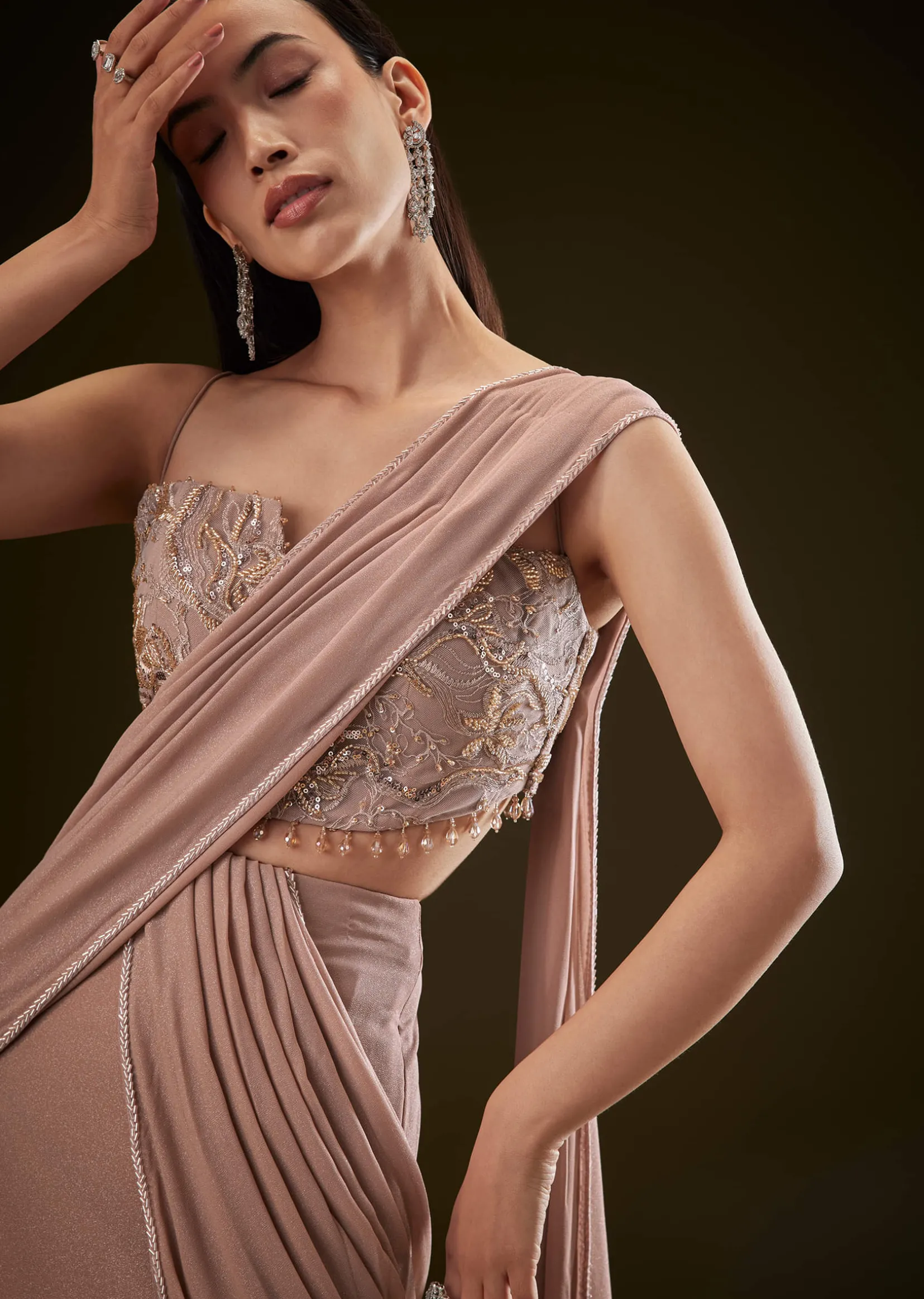 Dusty Pink Fishcut Drape Saree With Embellished Corset Blouse