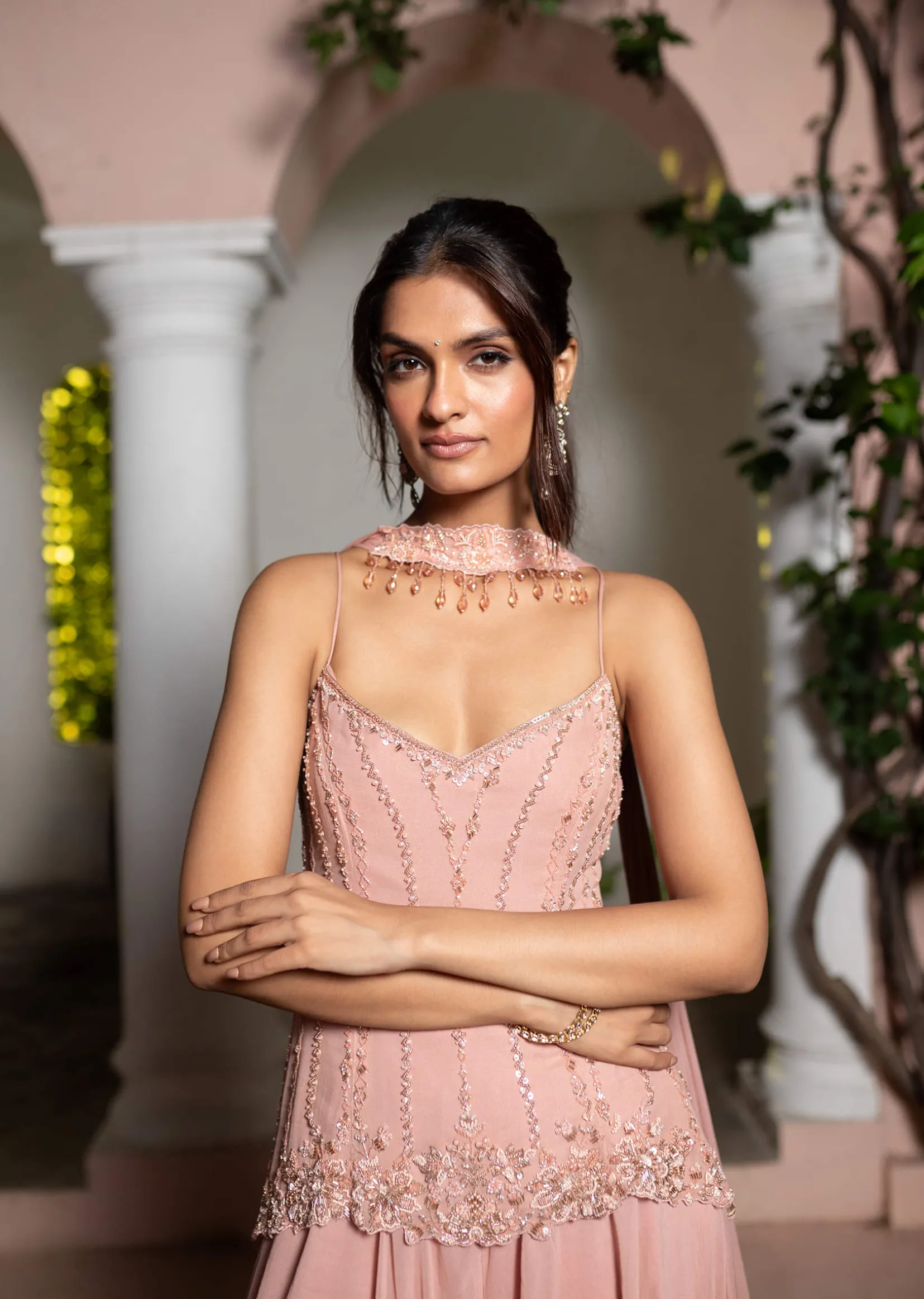 Dusty Pink Hand Embroidered Sharara Suit With Choker Dupatta