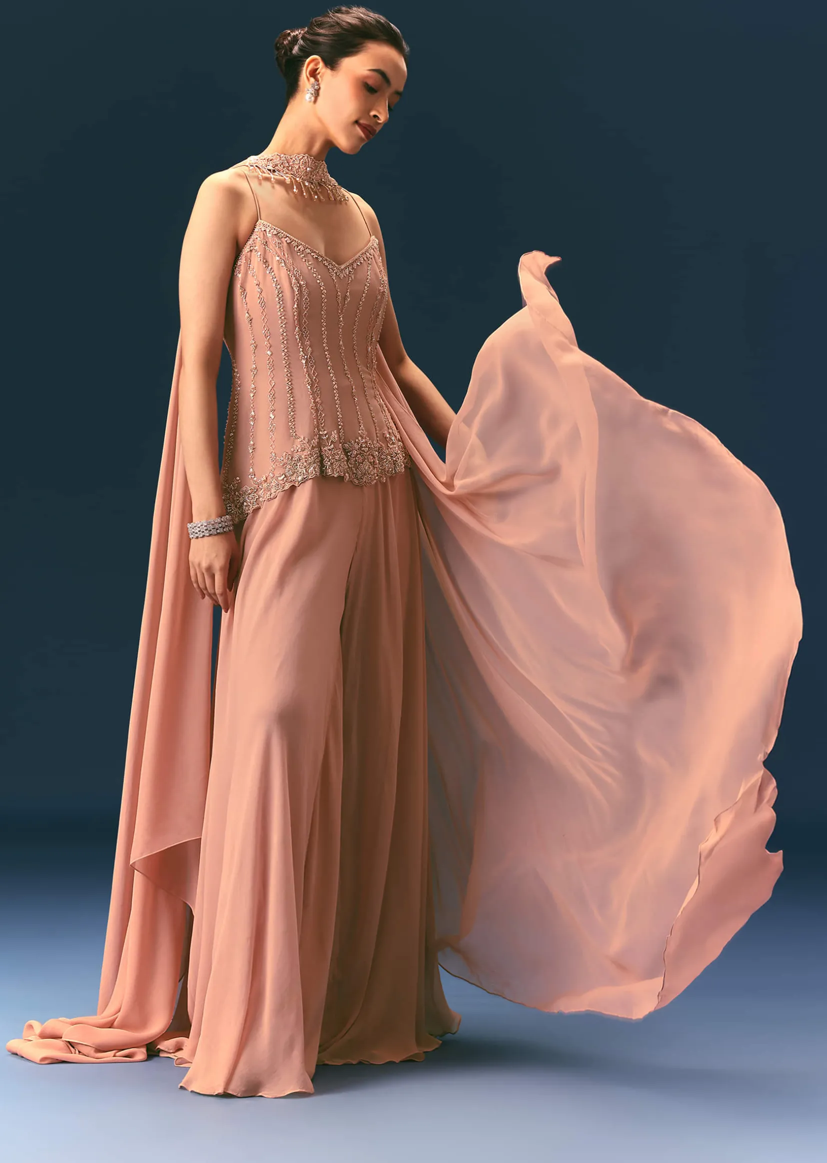 Dusty Pink Hand Embroidered Sharara Suit With Choker Dupatta