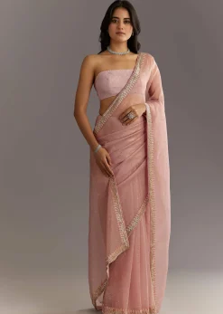 Dusty Rose Cutdana And Stone Embroidered Tissue Saree