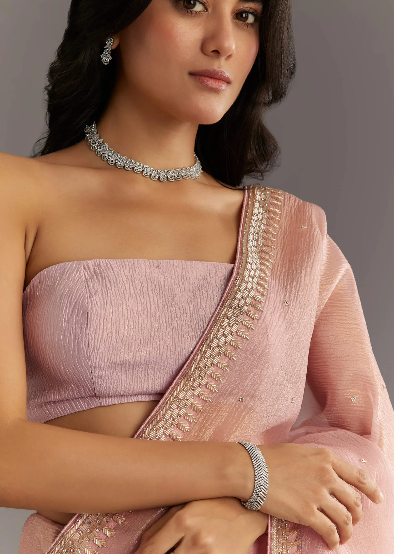 Dusty Rose Cutdana And Stone Embroidered Tissue Saree