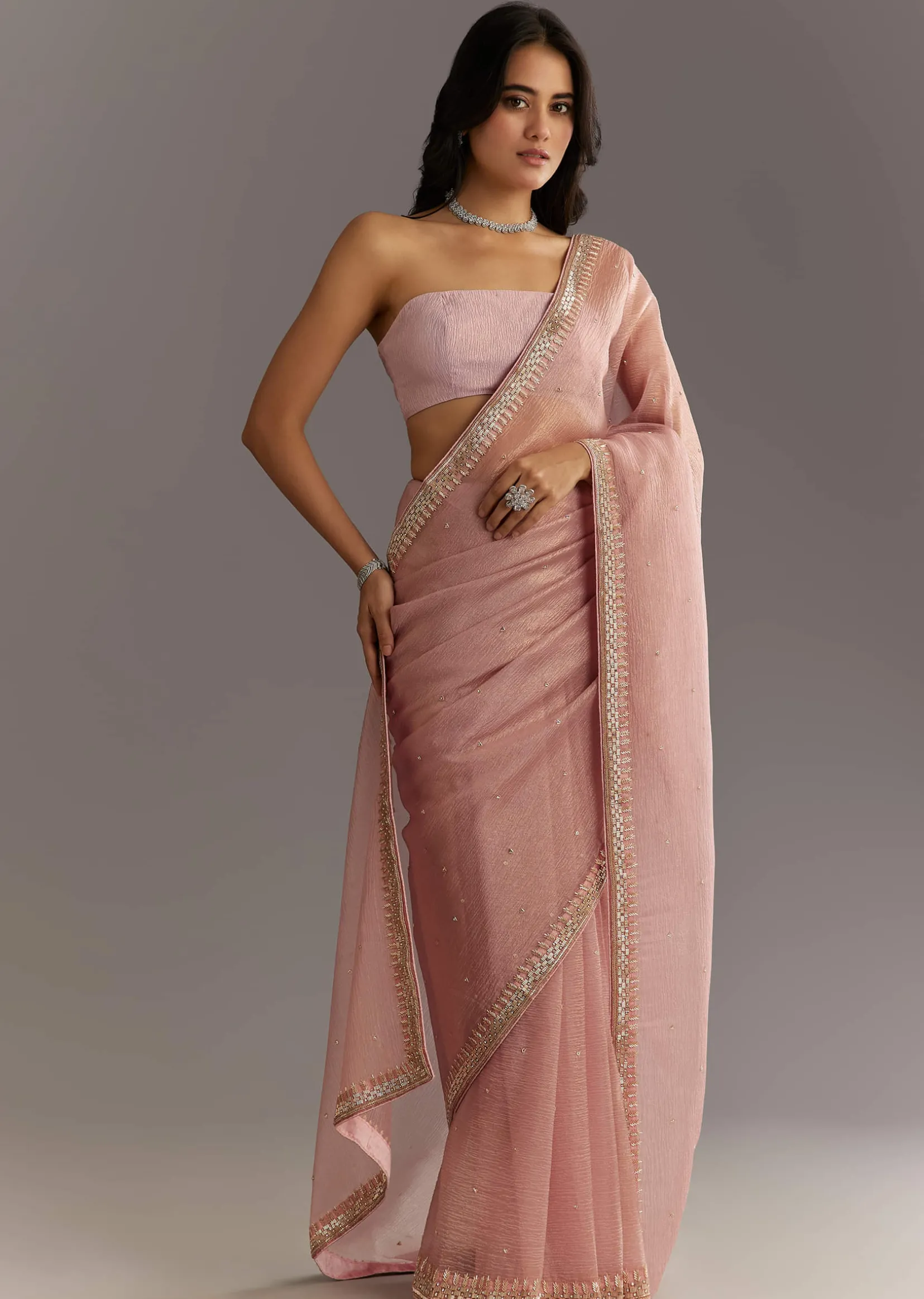 Dusty Rose Cutdana And Stone Embroidered Tissue Saree