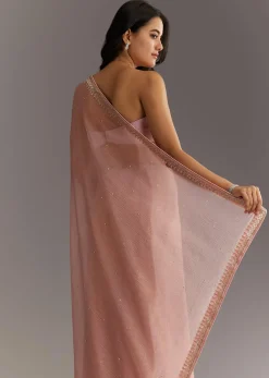 Dusty Rose Cutdana And Stone Embroidered Tissue Saree
