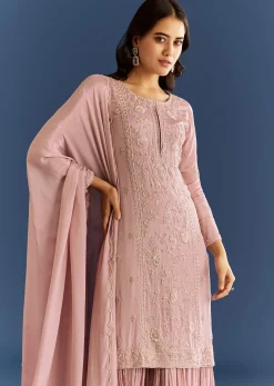 Dusty Rose Pink Chinon Kurta Set With Cutdana Embroidered Sharara