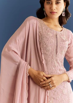 Dusty Rose Pink Chinon Kurta Set With Cutdana Embroidered Sharara