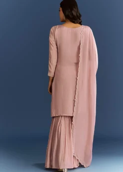 Dusty Rose Pink Chinon Kurta Set With Cutdana Embroidered Sharara