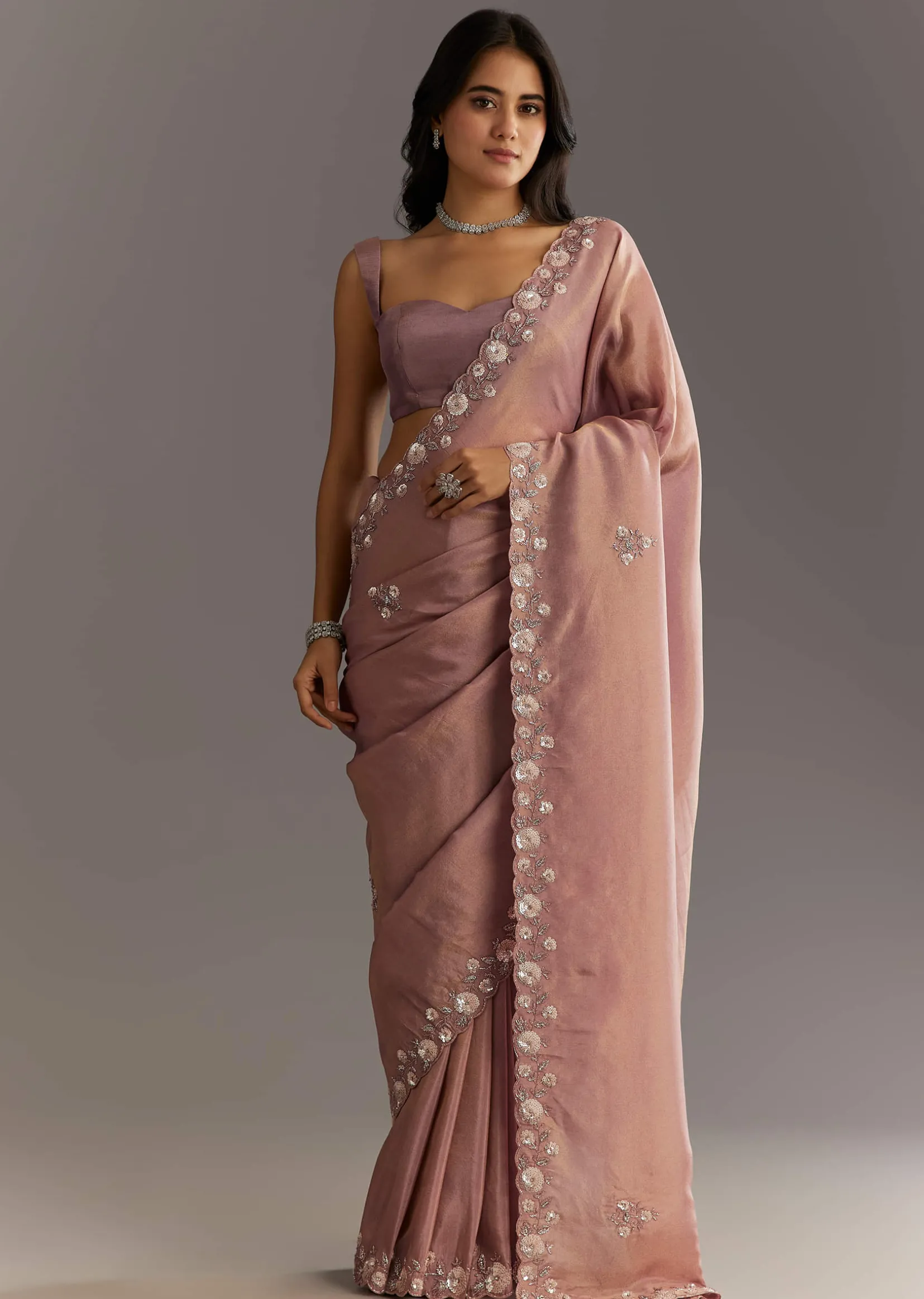 Dusty Rose Tissue Saree With Floral Embroidered Scallop Border
