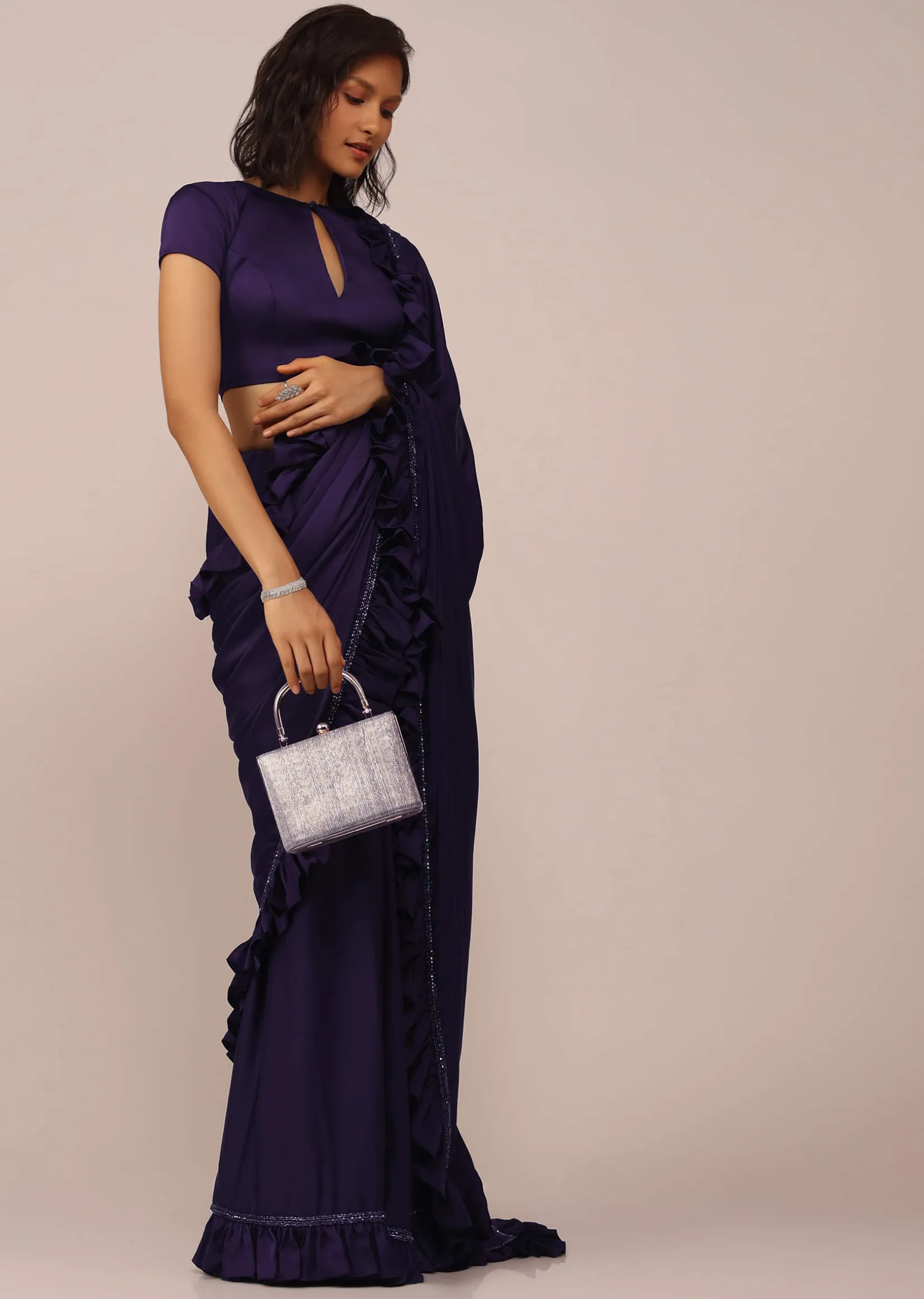 Eggplant Violet Saree With Fancy Sleeve Blouse In Satin