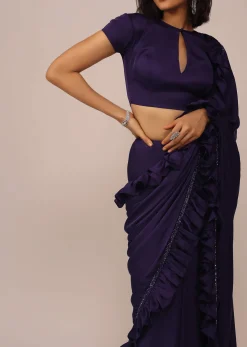 Eggplant Violet Saree With Fancy Sleeve Blouse In Satin