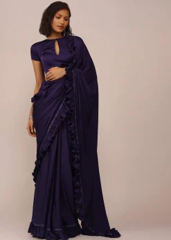 Eggplant Violet Saree With Fancy Sleeve Blouse In Satin