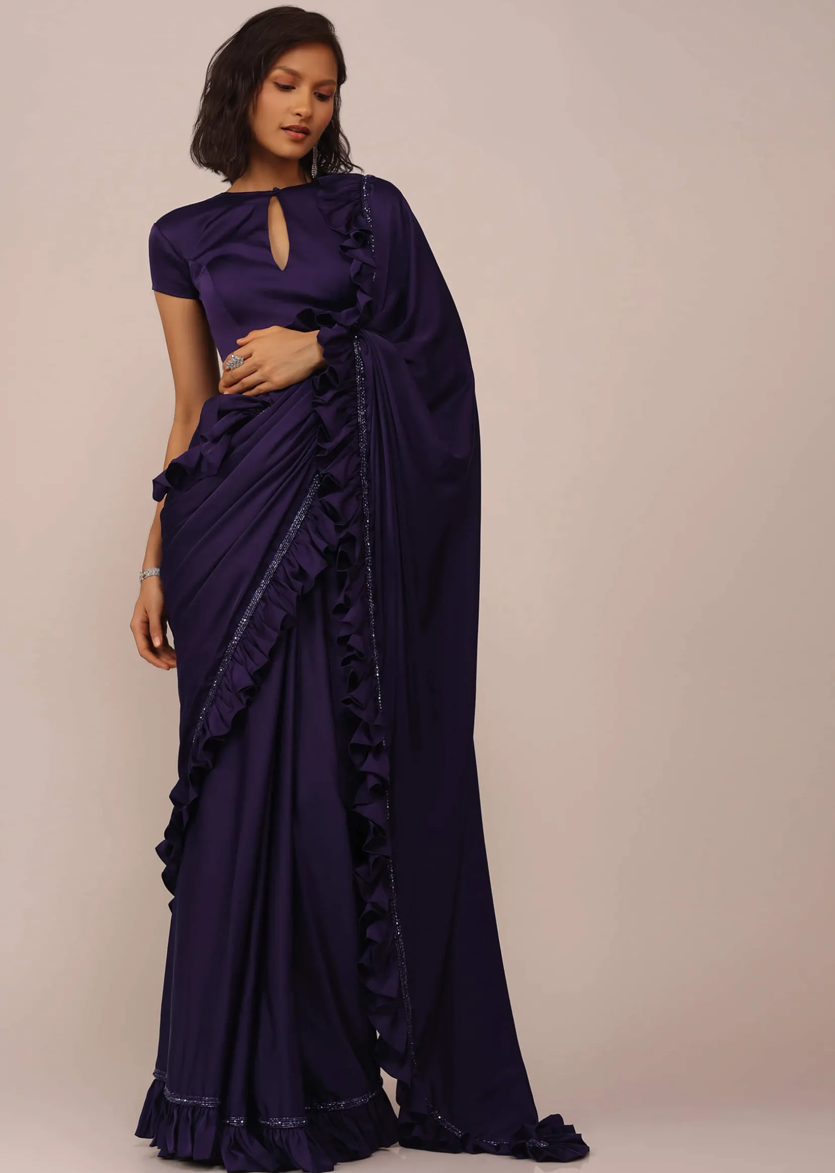 Eggplant Violet Saree With Fancy Sleeve Blouse In Satin