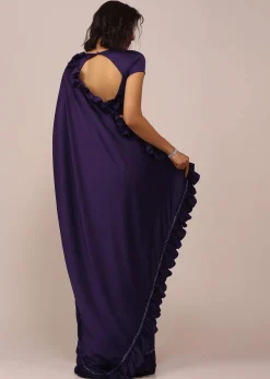 Eggplant Violet Saree With Fancy Sleeve Blouse In Satin