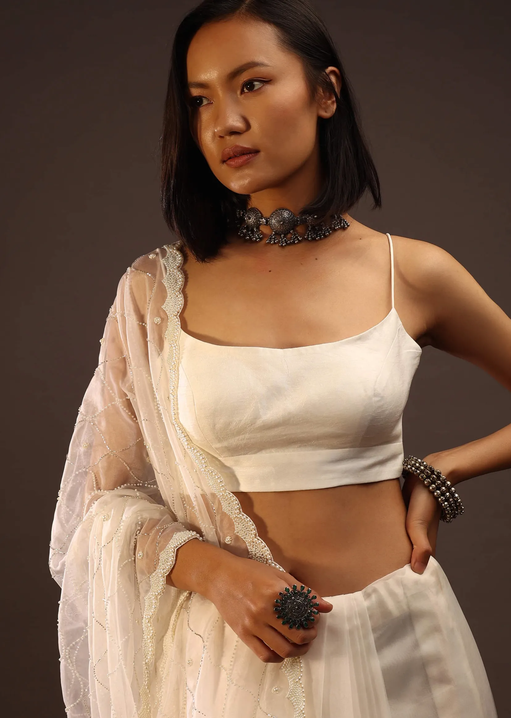 Egret White Spaghetti Strap Blouse In Straight Across Neckline
