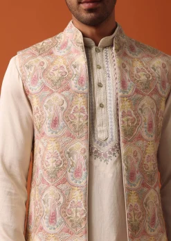Elegant Beige Exquisite Embroidered Jacket Kurta Set
