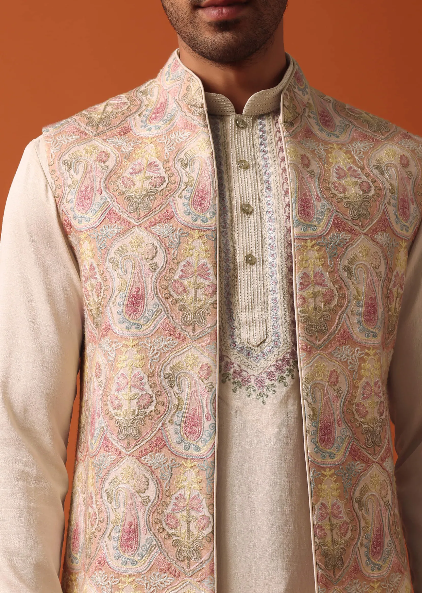 Elegant Beige Exquisite Embroidered Jacket Kurta Set