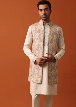 Elegant Beige Exquisite Embroidered Jacket Kurta Set