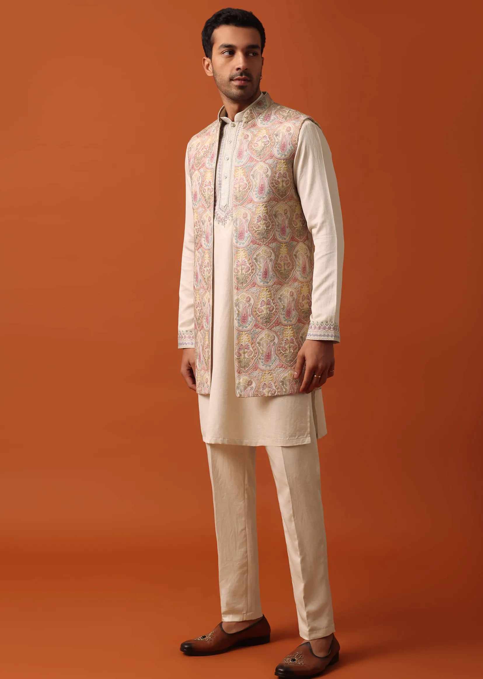 Elegant Beige Exquisite Embroidered Jacket Kurta Set
