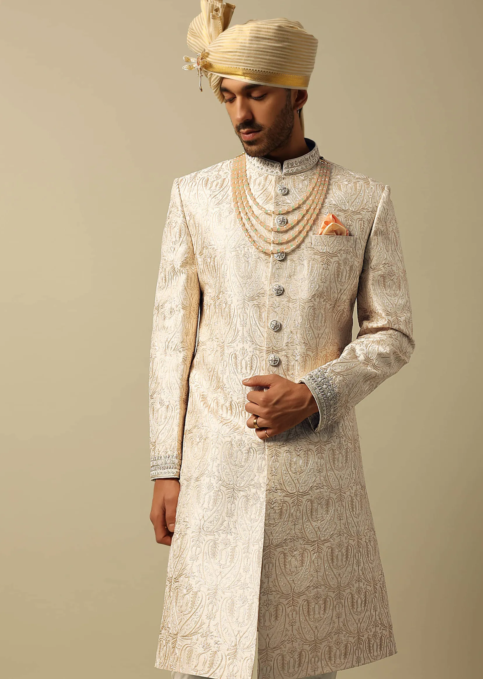 Elegant Beige Silk Sherwani Set