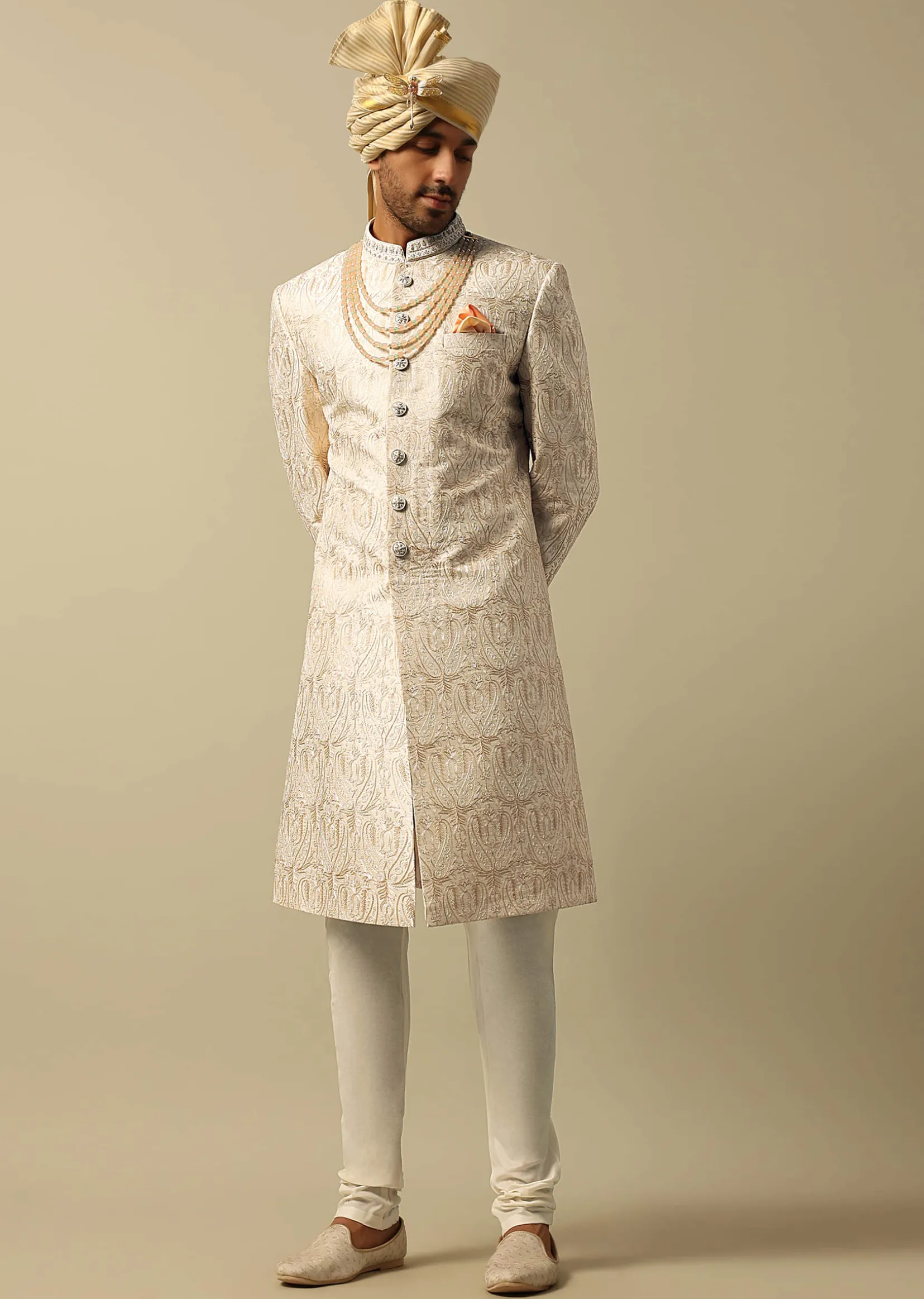 Elegant Beige Silk Sherwani Set