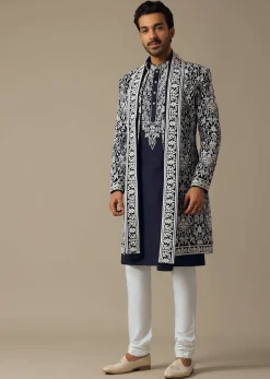 Elegant Blue Grooms Indowestern Ensemble