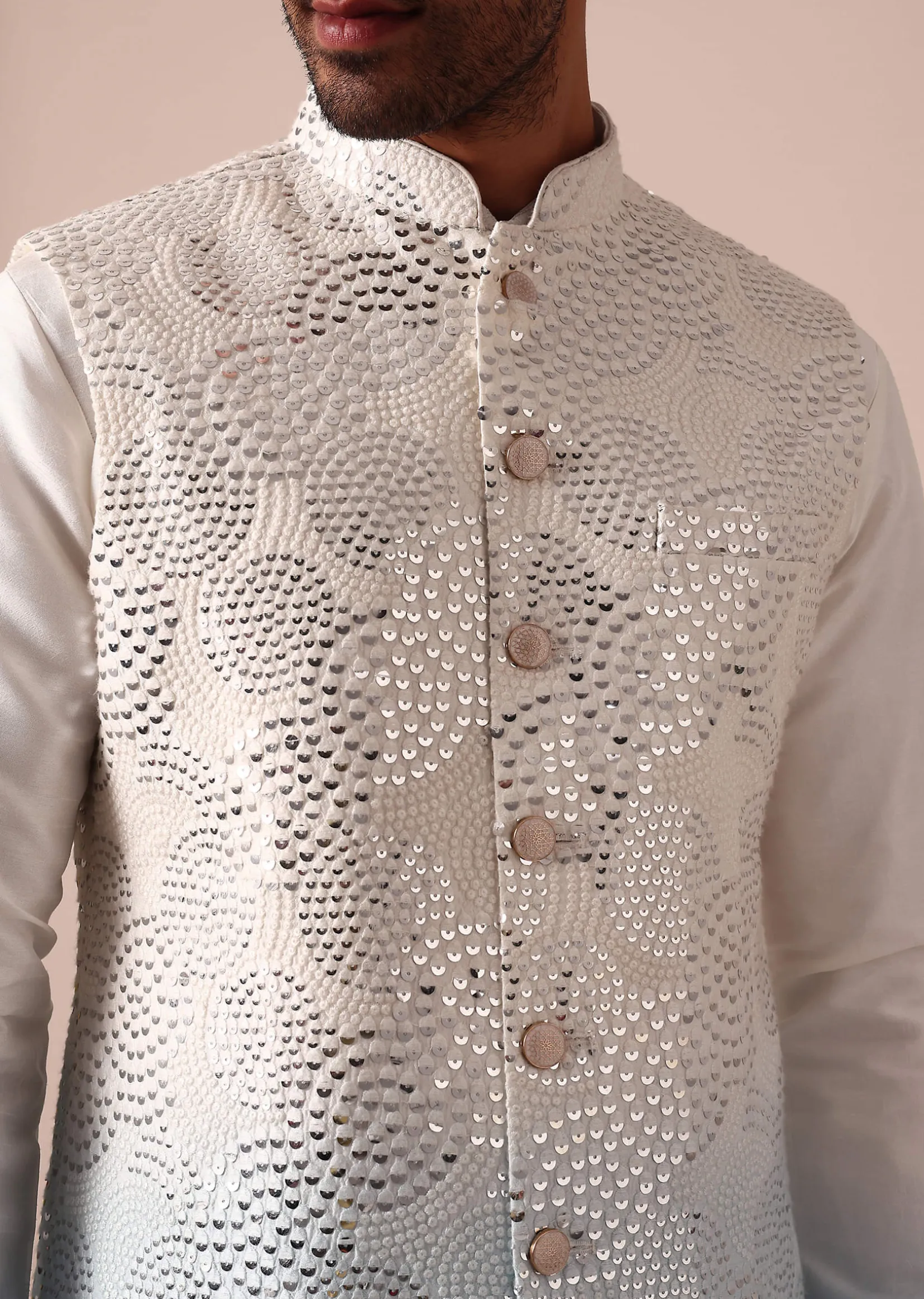Elegant Blue Ombre Silk Jacket Kurta Set For Men