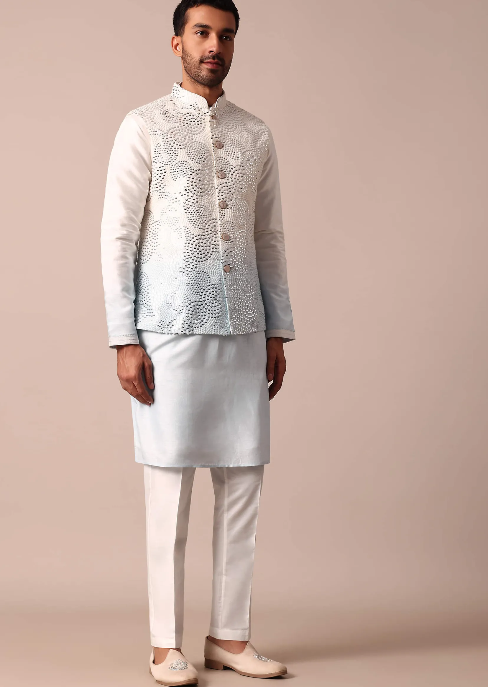 Elegant Blue Ombre Silk Jacket Kurta Set For Men