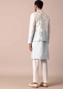 Elegant Blue Ombre Silk Jacket Kurta Set For Men