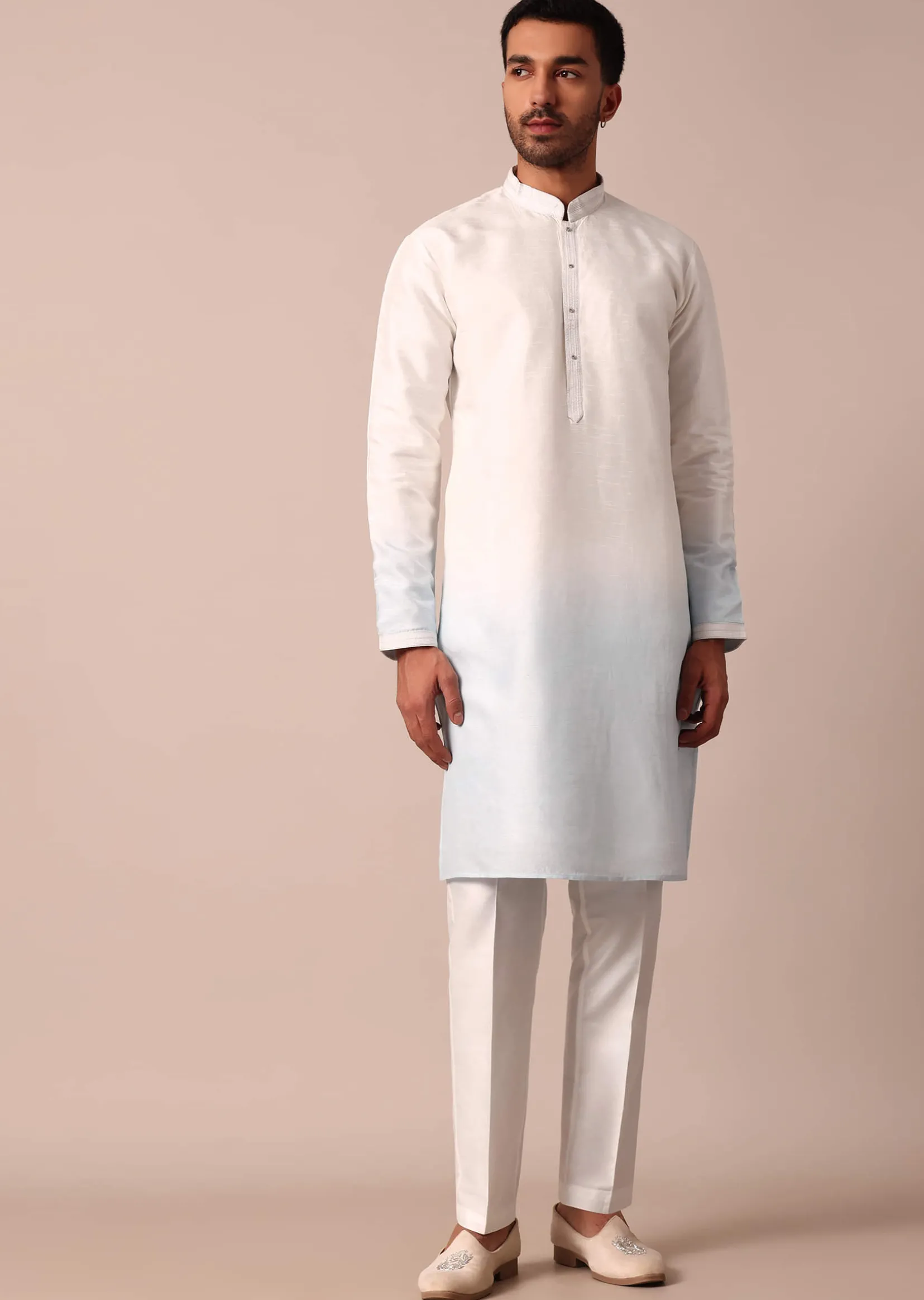 Elegant Blue Ombre Silk Jacket Kurta Set For Men
