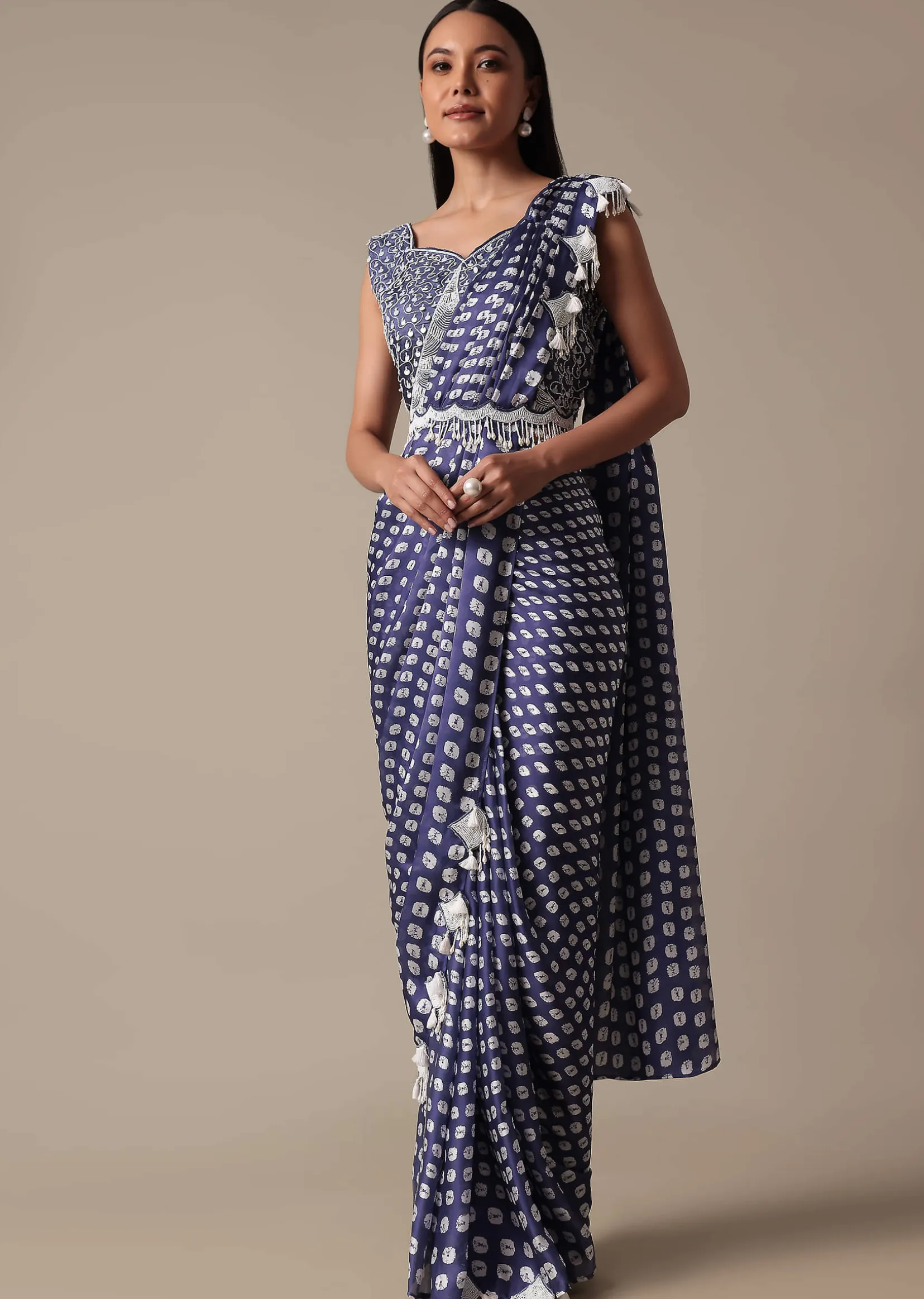 Elegant Blue Readymade Saree With Stitched Blouse