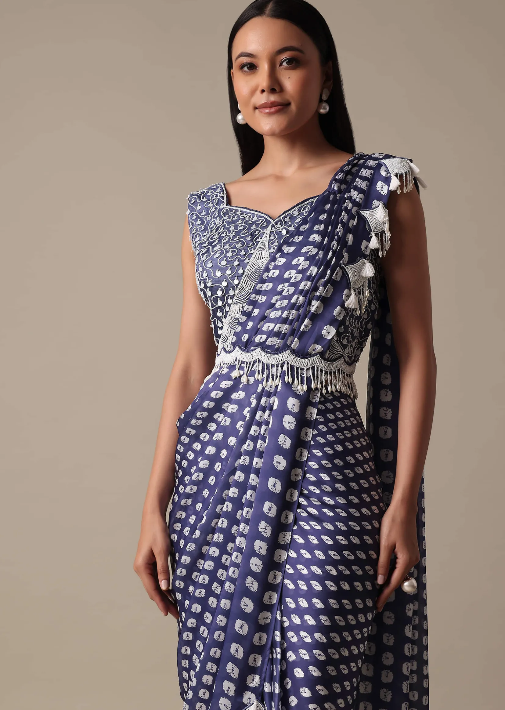 Elegant Blue Readymade Saree With Stitched Blouse
